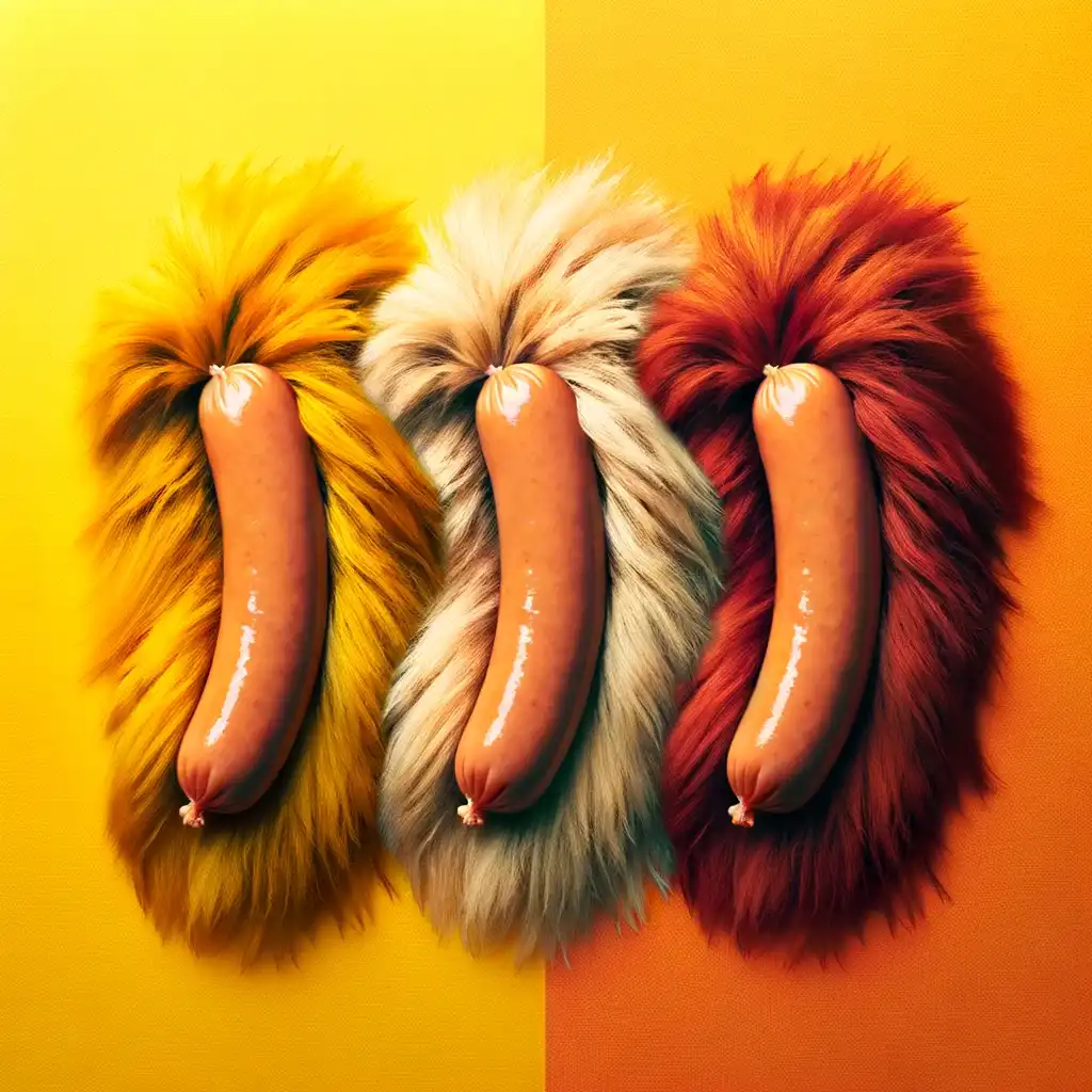 Three sausages placed inside of colorful fur on yellow/orange background